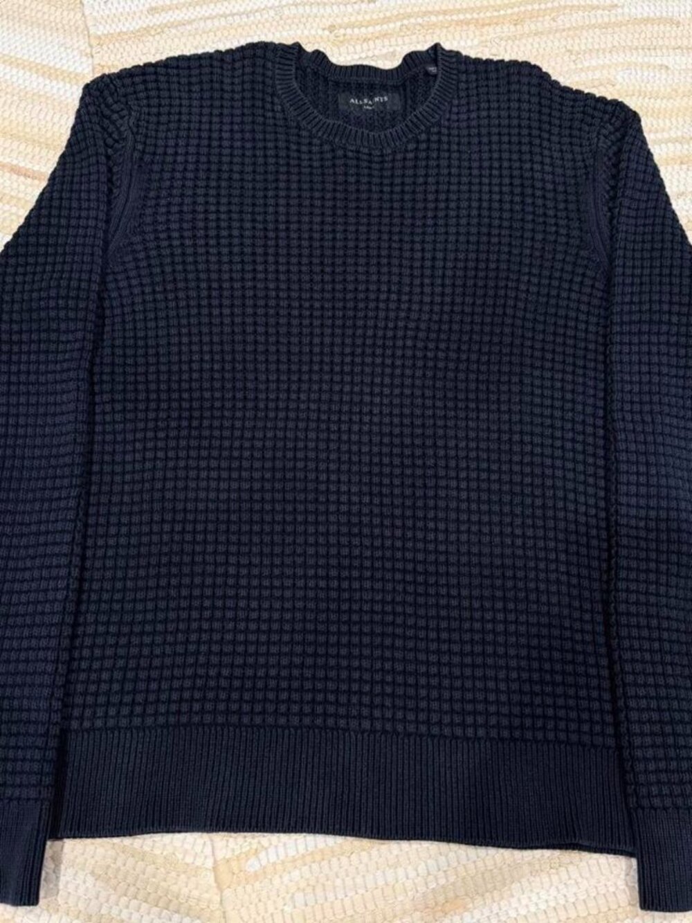 AllSaints Men's Navy Black Waffle Knit Crew Neck Sweater Size L